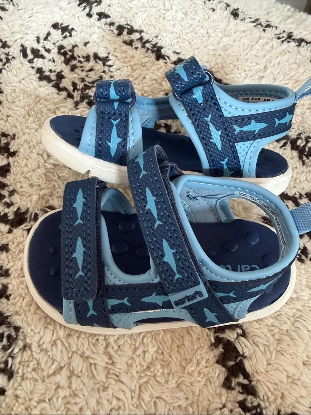 Carter’s Toddler Shark Print Sport Sandals Blue Hook Loop Size 3 Water Shoes